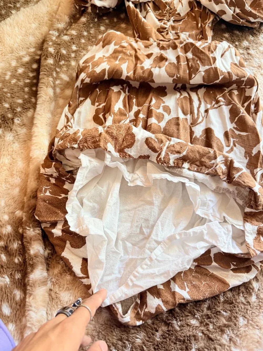 S Brown White Floral Puff Sleeve Cutout Mini Dress